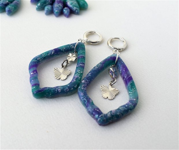 Cercei in nuante turcoaz/violet/argintiu / Handmade Polymer Clay Earrings