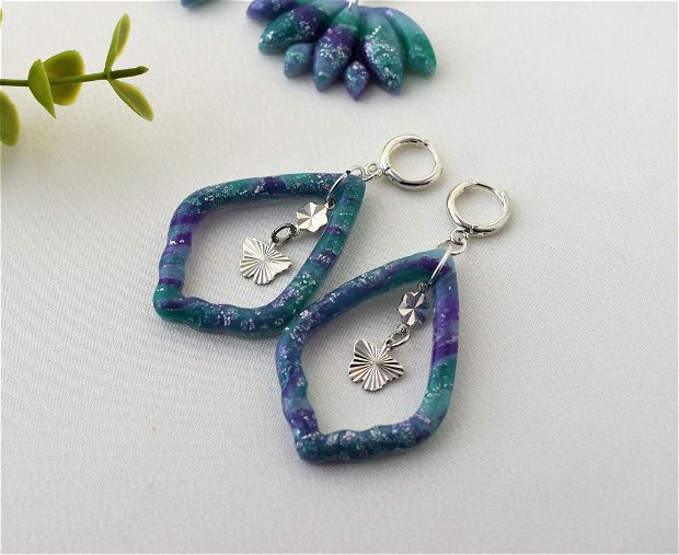 Cercei in nuante turcoaz/violet/argintiu / Handmade Polymer Clay Earrings
