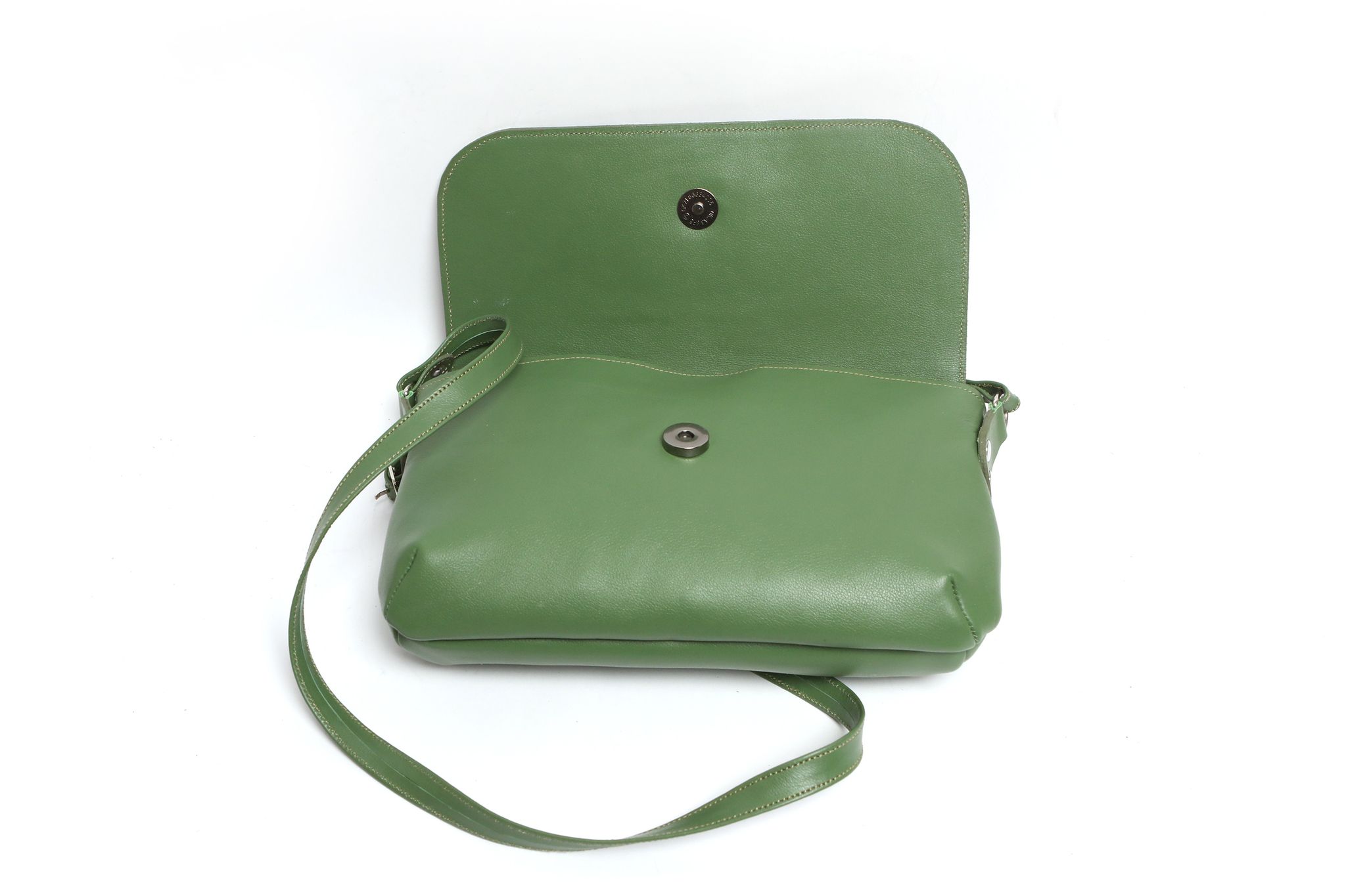 Geanta de piele crossbody din piele verde prazuliu, pictata manual