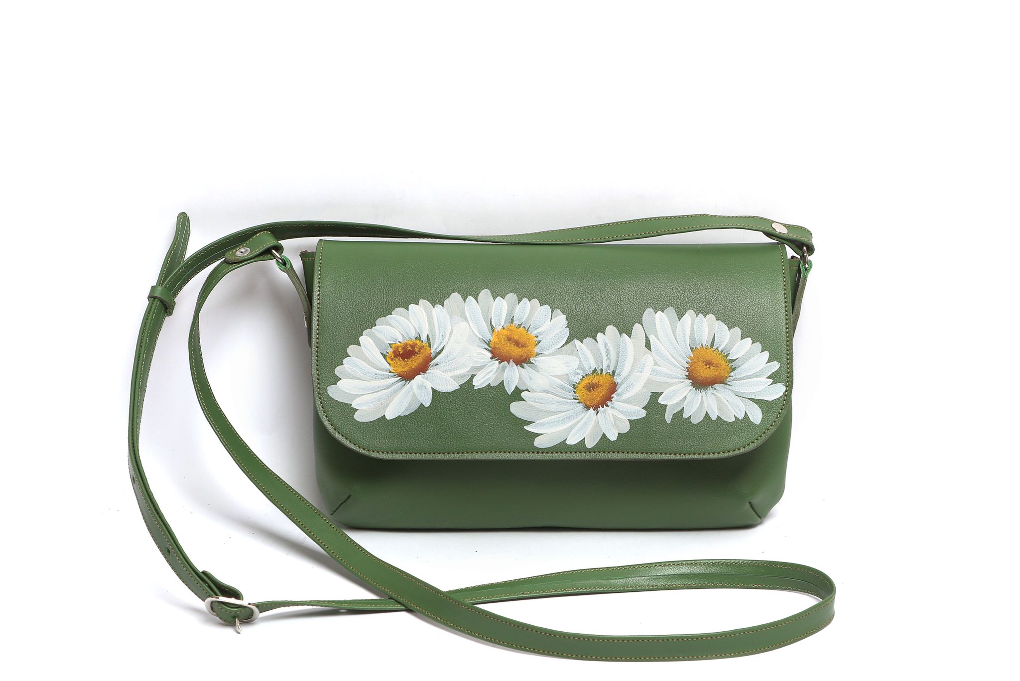 Geanta de piele crossbody din piele verde prazuliu, pictata manual