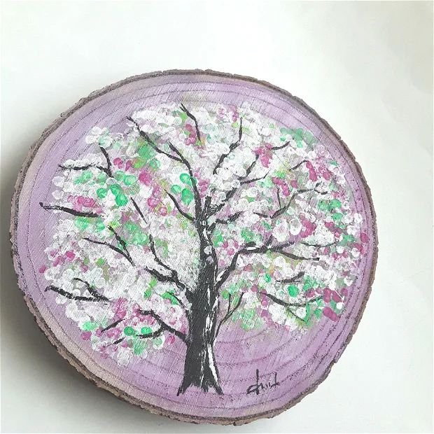 Felie de lemn pictata cu copac inflorit