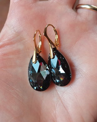 Cercei negri din Argint aurit si Cristale Swarovski - CE253a - cercei mari stralucitori, cercei eleganti, cadou pentru ea, cadou romantic
