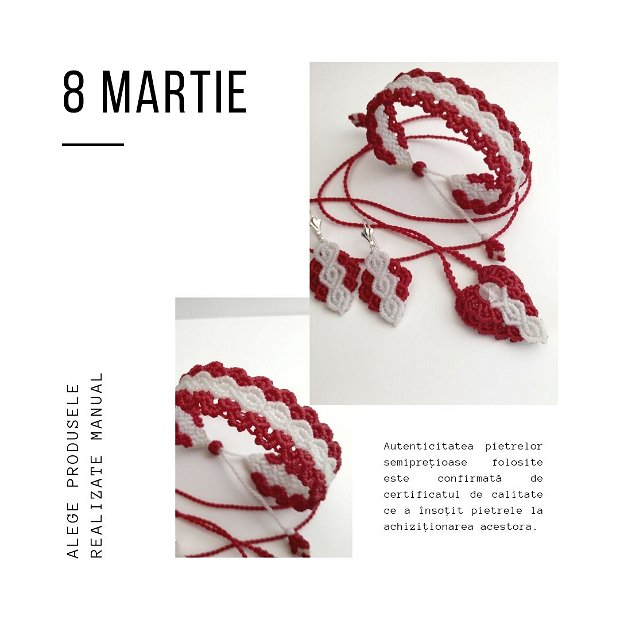 Set 8 Martie/ Set macrame/Cristal de gheata 8mm/ Realizat manual