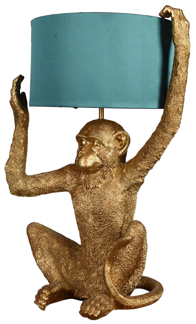 Lampa de masa cu o maimuta aurie si abajur verde