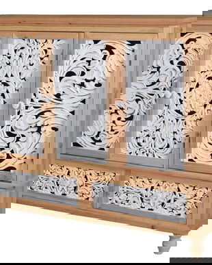 Cabinet Boho Style din lemn masiv natur cu decoratiuni albe