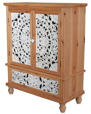 Cabinet Boho Style din lemn masiv natur cu decoratiuni albe