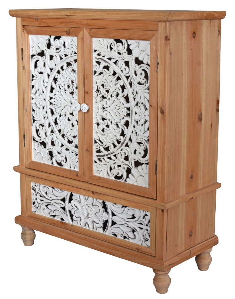 Cabinet Boho Style din lemn masiv natur cu decoratiuni albe