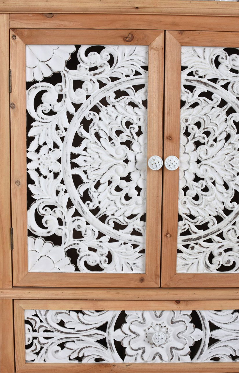 Cabinet Boho Style din lemn masiv natur cu decoratiuni albe