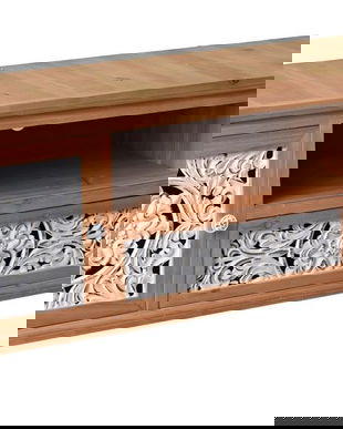 Comoda TV Boho Style din lemn masiv natur cu decoratiuni albe