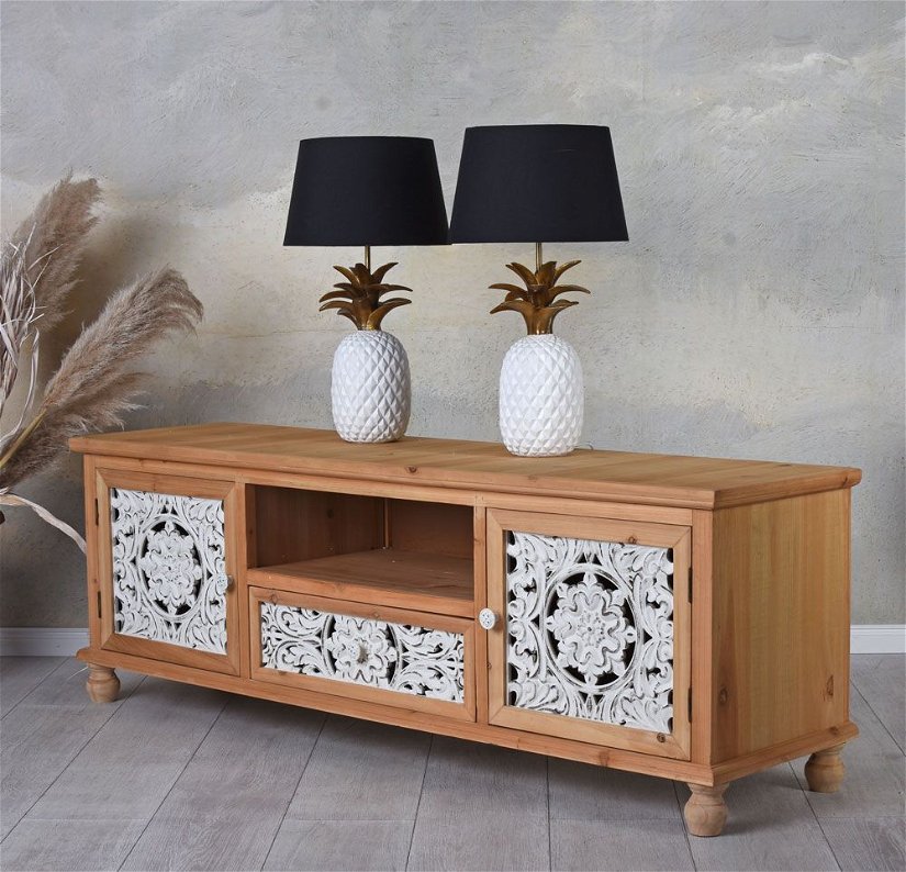 Comoda TV Boho Style din lemn masiv natur cu decoratiuni albe