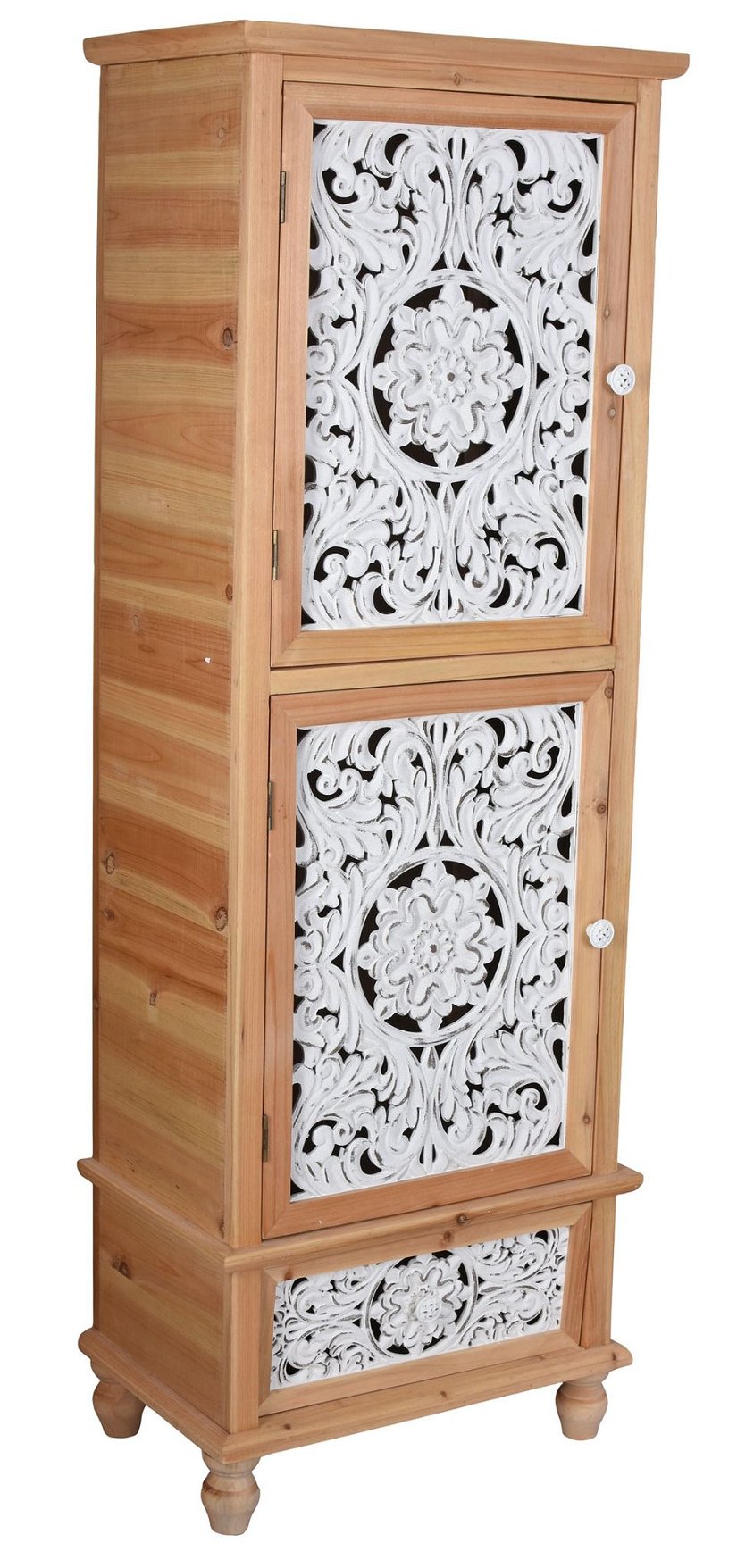 Cabinet turn Boho Style din lemn masiv natur cu decoratiuni albe