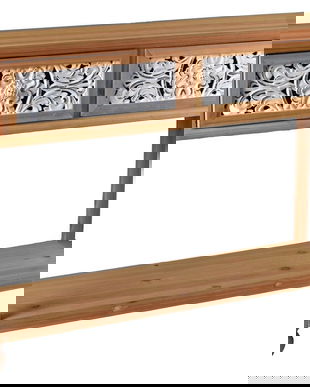 Consola Boho Style din lemn masiv natur cu decoratiuni albe