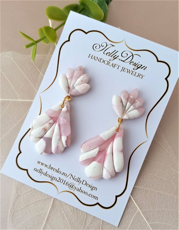 Cercei marmorati roz/alb/pin inox auriu / Handmade Polymer Clay Earrings