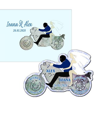 Marturie nunta magnetice motocicleta cu plic inclus, vintage bleu