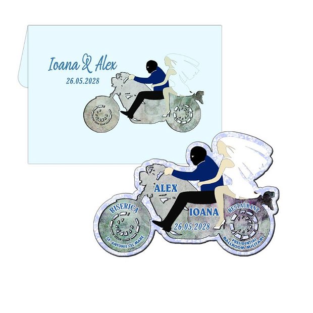 Marturie nunta magnetice motocicleta cu plic inclus, vintage bleu