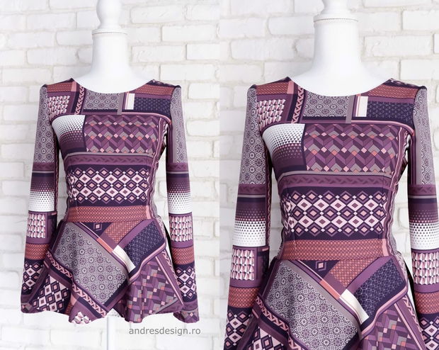 Bluza Volan Peplum Print Geometric Mov cu Bej