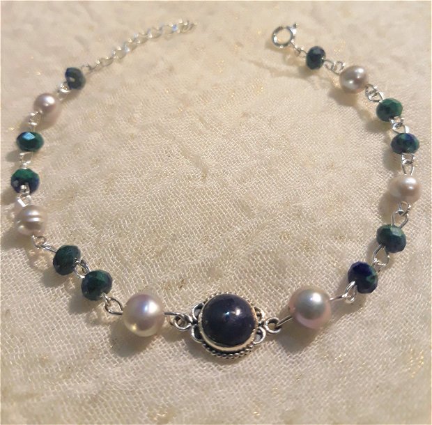 Bratara argint azurit lapis lazuli perle de cultura gri