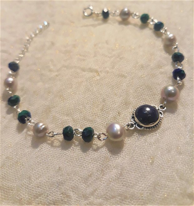 Bratara argint azurit lapis lazuli perle de cultura gri