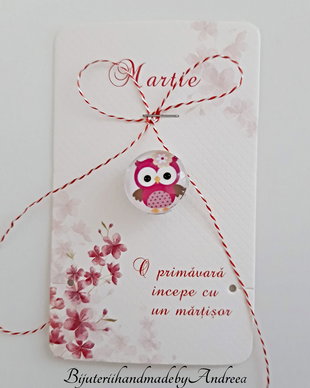 Brosa martisor cabochon sticla 16mm bufnita