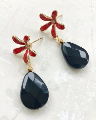 Cercei MARTISOR onix negru & flori rosii