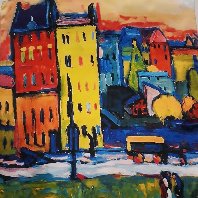 Esarfa patrata din matase, imprimeu urban multicolor, dupa o pictura de Kandinsky, 70 x 70 cm