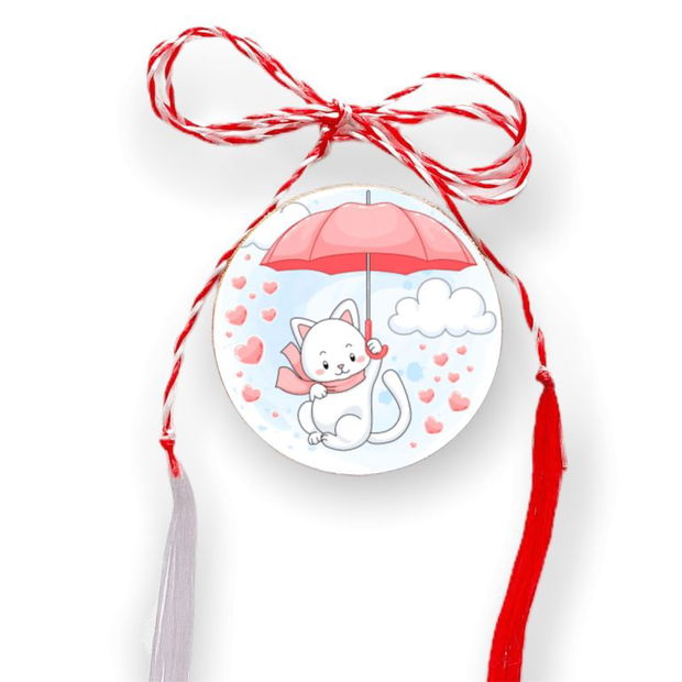 Brosa martisor din lemn  Pisica cu umbrela