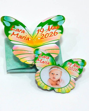 Invitatie botez magneti fluture, culoare vernil, orange, galben