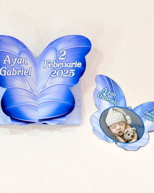 Invitatie botez forma fluture albastru, 2 in 1 marturie magnet si invitatie cutie forma fluture