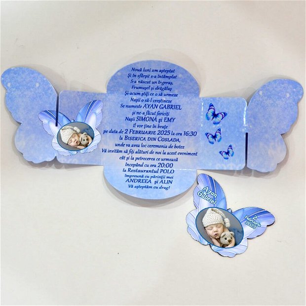 Invitatie botez forma fluture albastru, 2 in 1 marturie magnet si invitatie cutie forma fluture