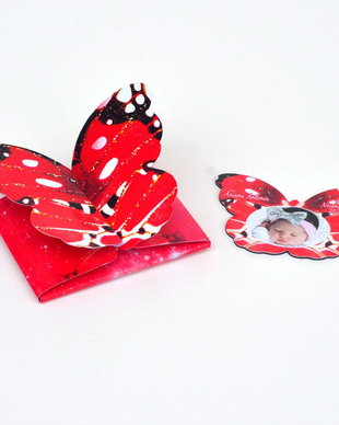 Invitatie botez forma fluture rosu, 2 in 1 marturie magnet si invitatie cutie forma fluture
