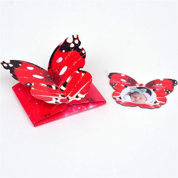 Invitatie botez forma fluture rosu, 2 in 1 marturie magnet si invitatie cutie forma fluture