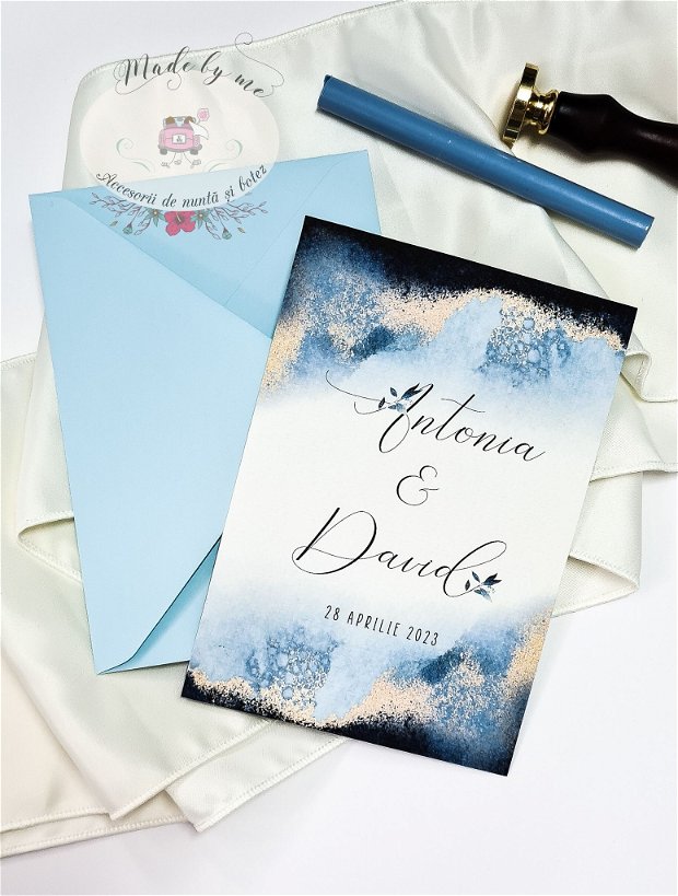 Invitatie nunta marble azul