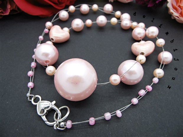 Colier handmade unicat - perle, inimi ceramica (cod771)