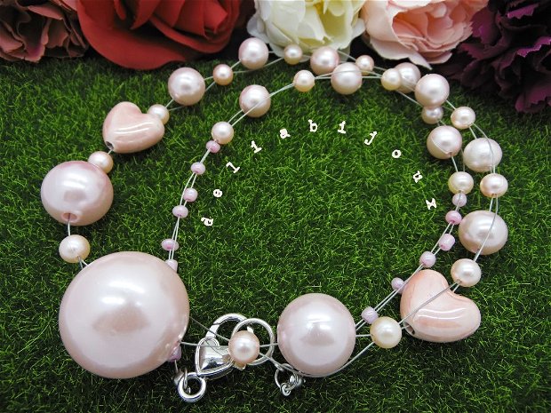 Colier handmade unicat - perle, inimi ceramica (cod771)