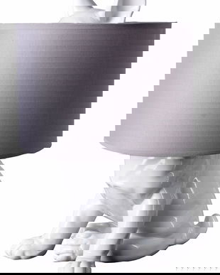 Lampa de masa cu un buldog si abajur gri deschis