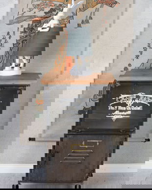 Comoda industriala din lemn masiv maro cu metal