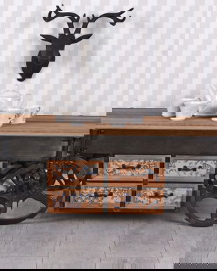 Masa de cafea industriala din lemn masiv cu metal