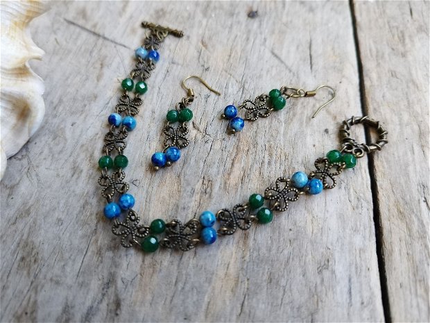 Set "verde si albastru" - bratara, cercei bronz agate