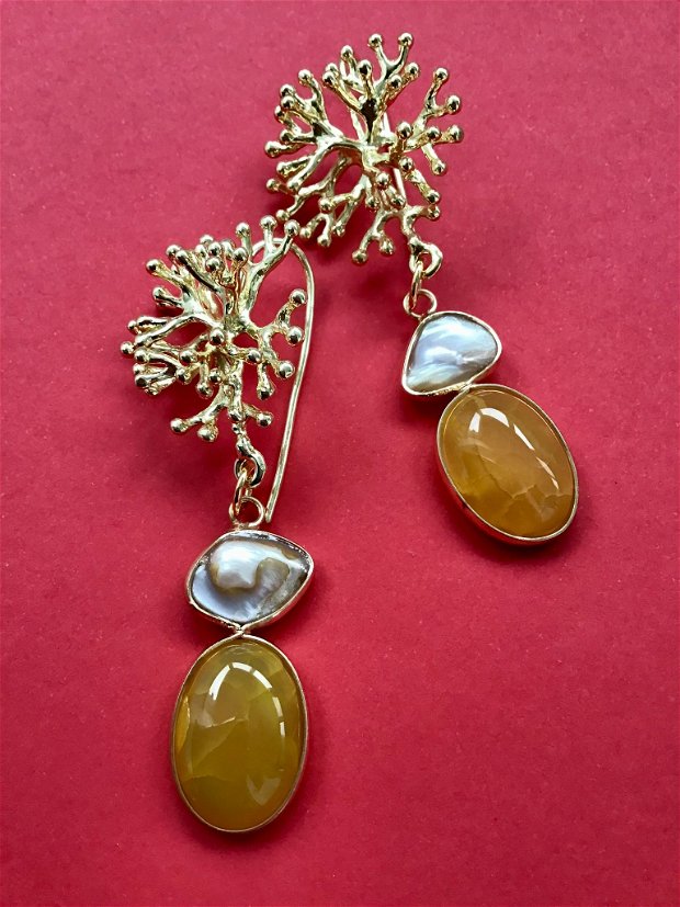 Cercei statement agate galbene, perle baroc & inox gold