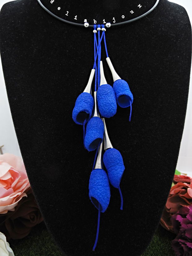 Colier handmade statement unicat - coconi de matase - Royal Blue (cod776)