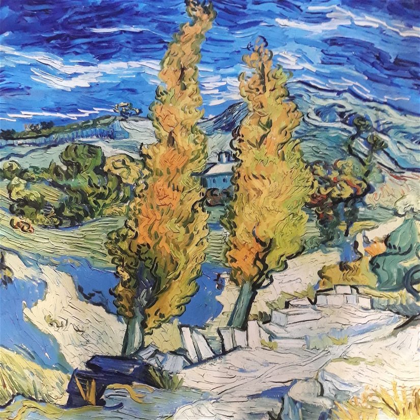 Esarfa patrata din matase, in nuante de albastru, verde, caramiziu, negru, print dupa o pictura de Van Gogh, 70 x 70 cm