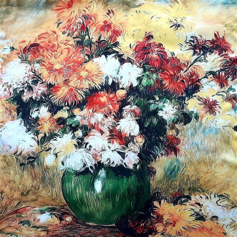 Esarfa patrata din matase, multicolora, vaza cu crizanteme, 70 x 70 cm