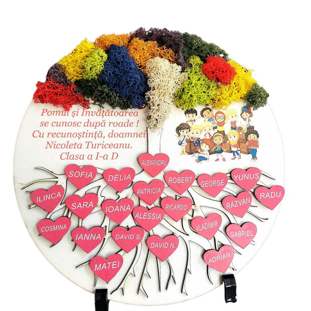Cadou personalizat pentru Invatatoare / Educatoare / Profesoara  Tablou decorativ Copacul Vietii cu licheni stabilizati, model inimioare