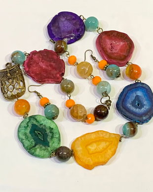 SET~SLICES OF HAPPINESS~ agate,cristale sticla fatetata,accesorii bronz