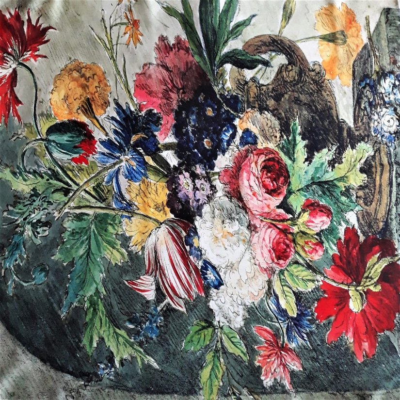 Esarfa patrata din matase, tablou floral multicolor, 70 x 70 cm