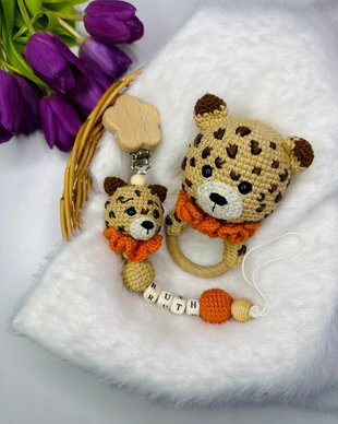Set cadou nou-nascut cu leopard - cadou bebelus - lantisor suzeta personalizabil cu nume - jucarie dentitie
