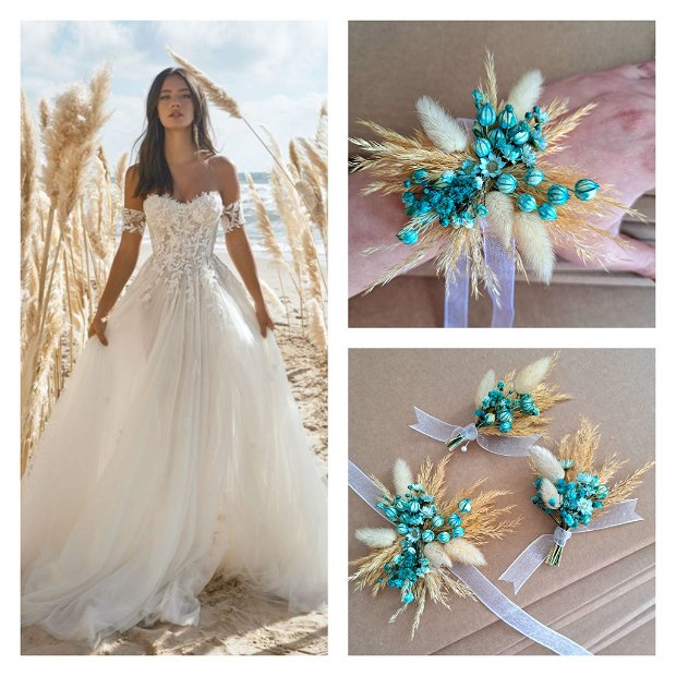 Cocarde nuntă / Brățări domnișoare onoare-flori naturale uscate și criogenate,  Bej Albastru Turquoise