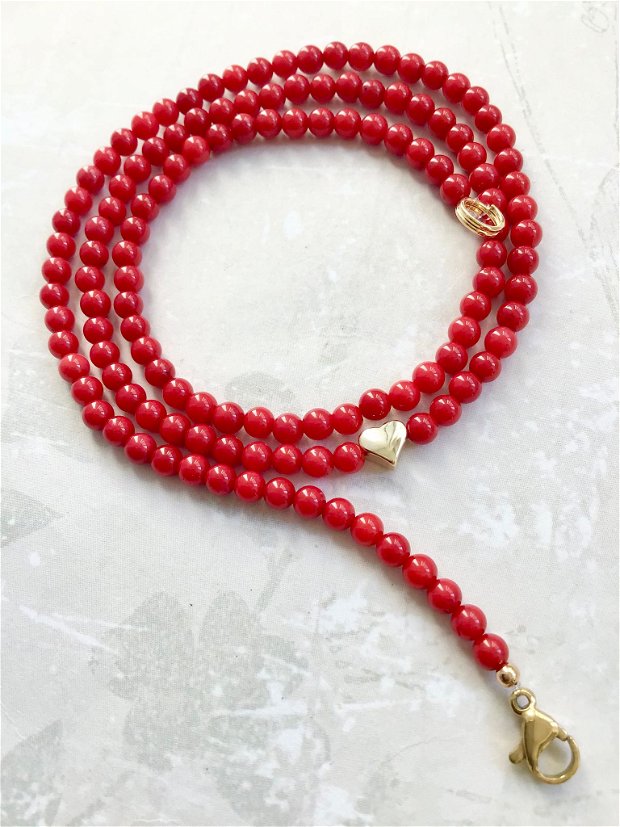 Colier CHOKER Coral rosu & inima aurie