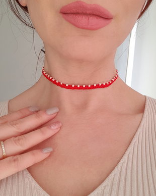 Choker rosu snur impletit, Colier reglabil macrame