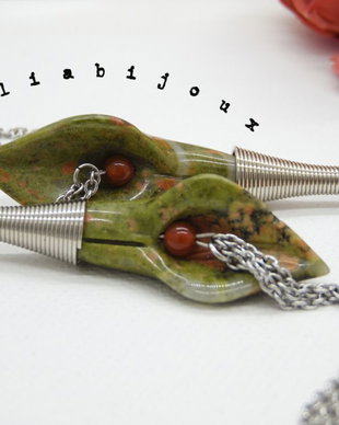 Cercei handmade unicat - flori -cale unakite si carneol (cod781)